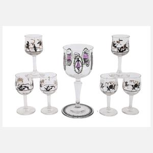 Steinschönau Weinglas und sechs Likörgläser