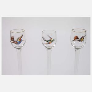 Sechs Schnapsgläser mit Paradiesvögeln