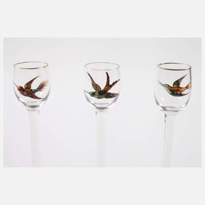 Sechs Schnapsgläser mit Paradiesvögeln