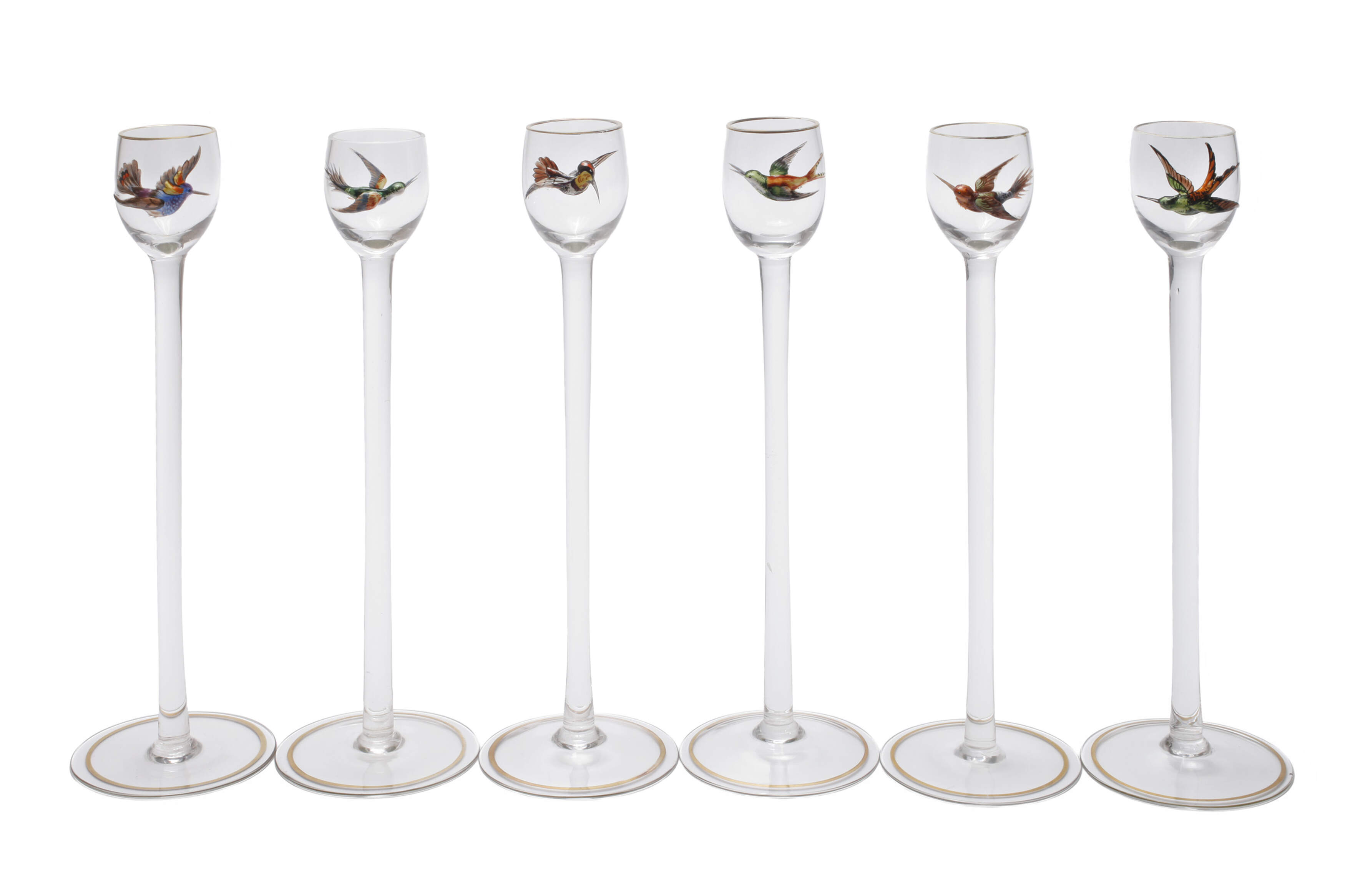 Sechs Schnapsgläser mit Paradiesvögeln