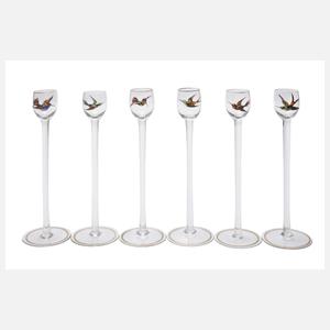 Sechs Schnapsgläser mit Paradiesvögeln