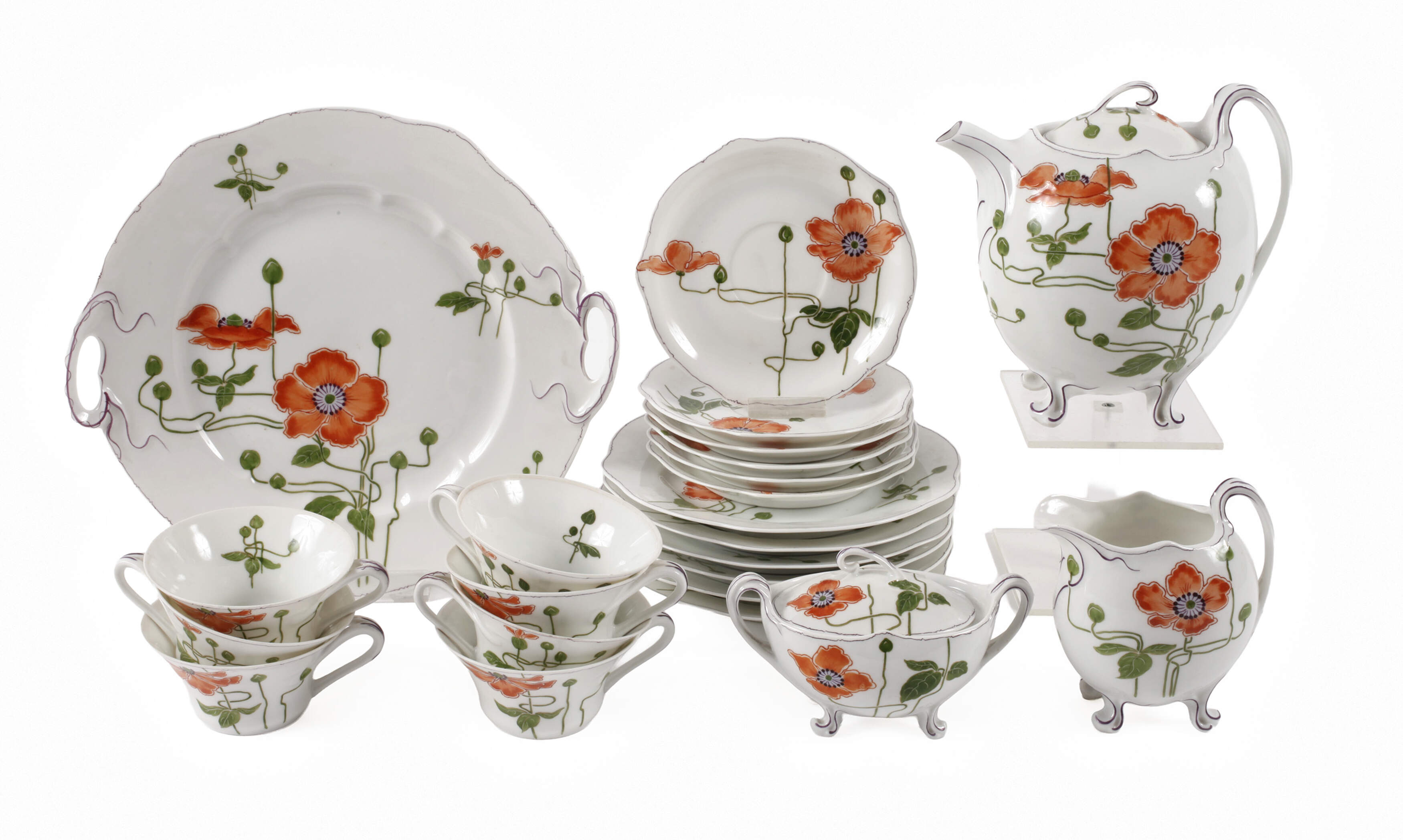 Nymphenburg Teeservice "Modern" mit Mohndekor