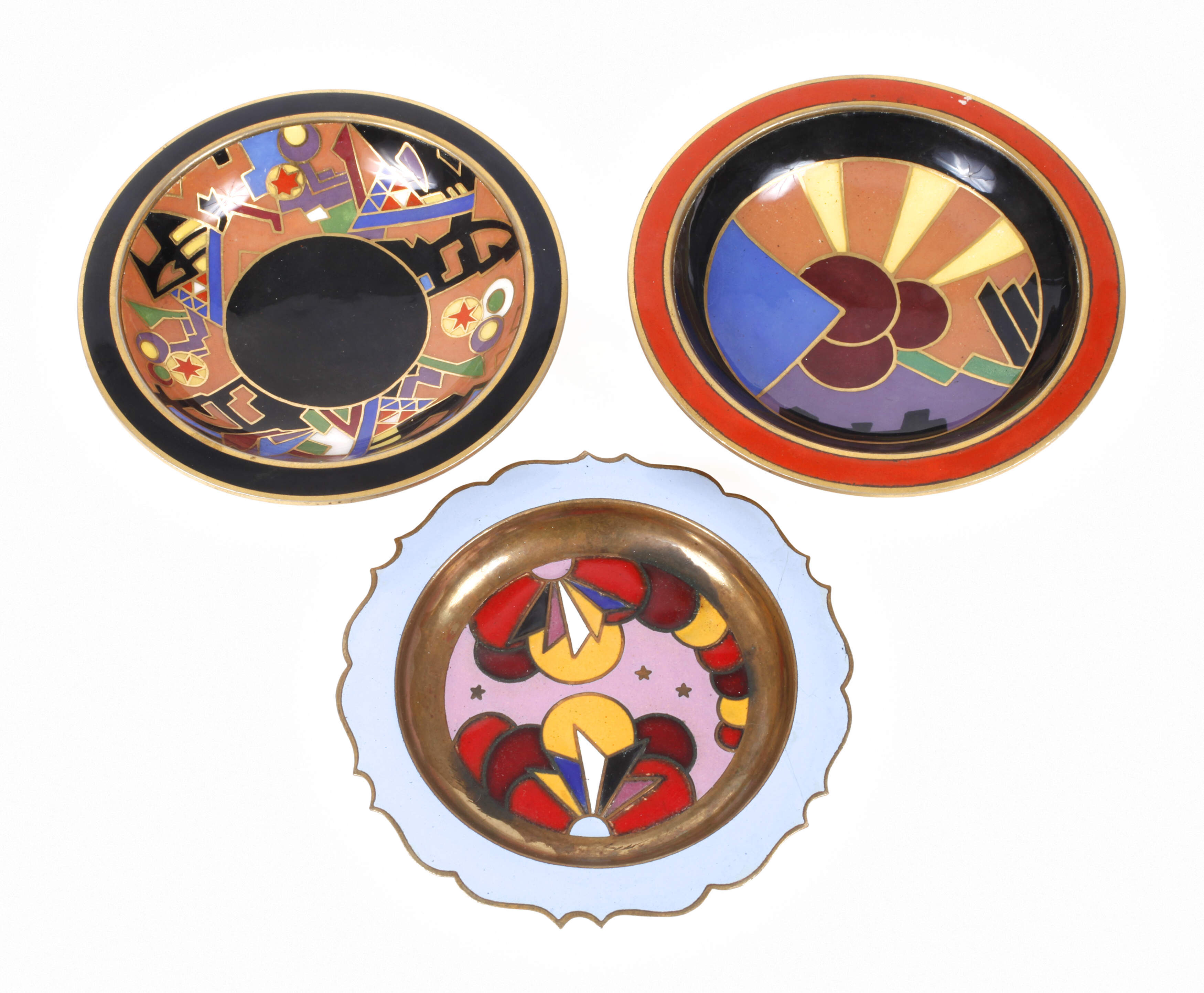 Drei Art déco Untersetzer in Cloisonné-Technik