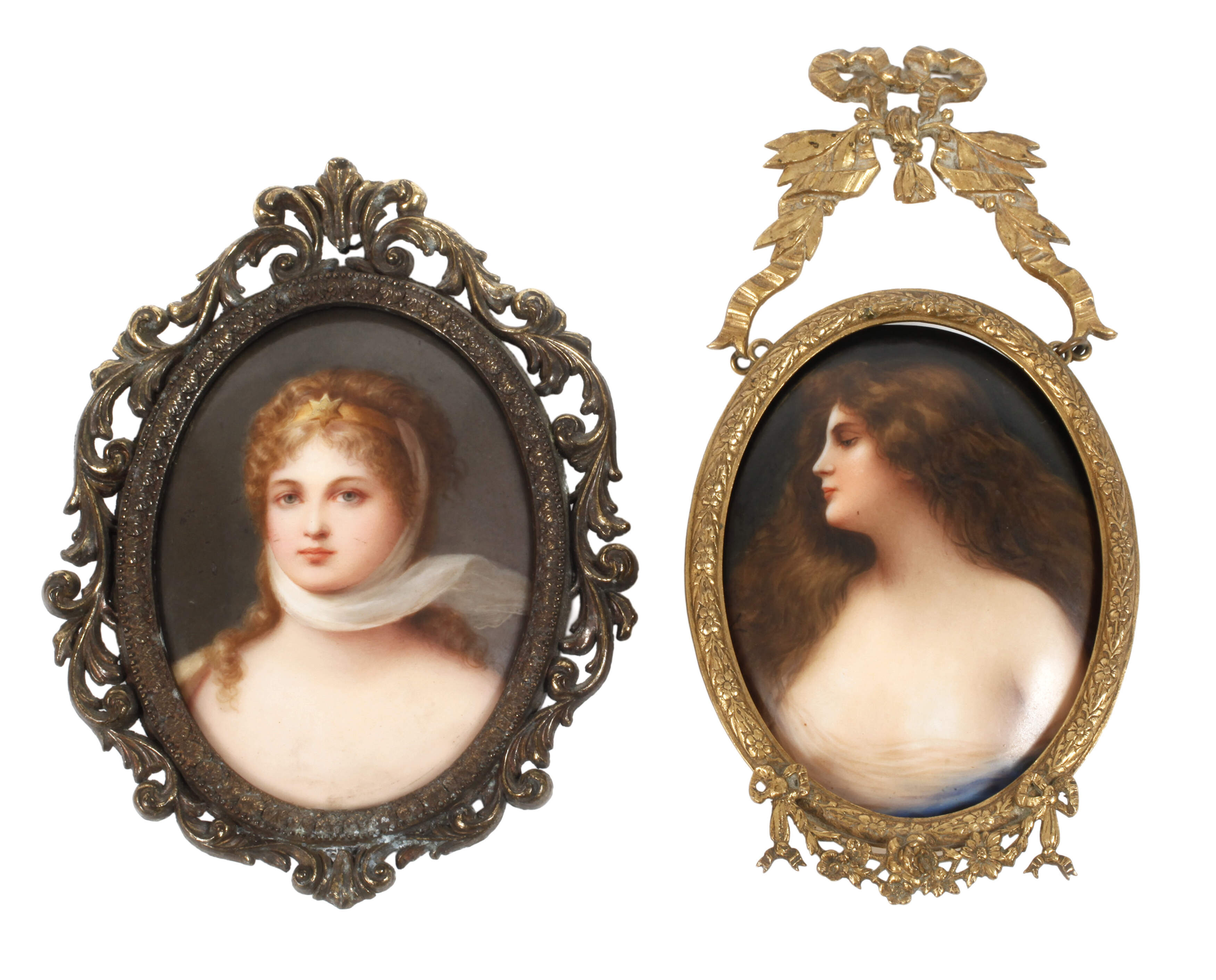 Zwei kleine gerahmte Bildplatten Damenportraits