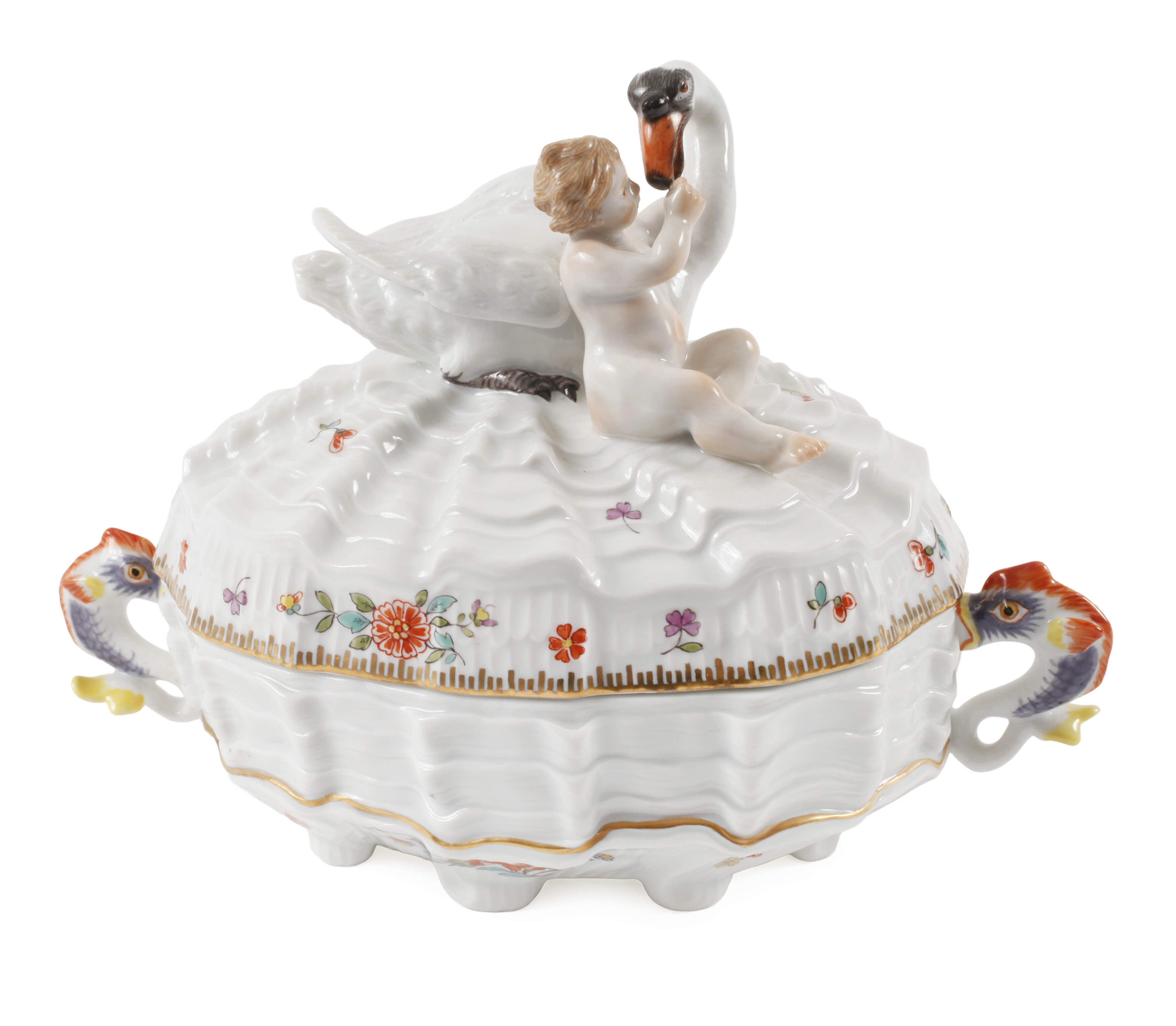 Meissen prunkvolle "Dose mit Schwan und Amorette"