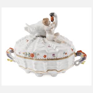 Meissen prunkvolle "Dose mit Schwan und Amorette"