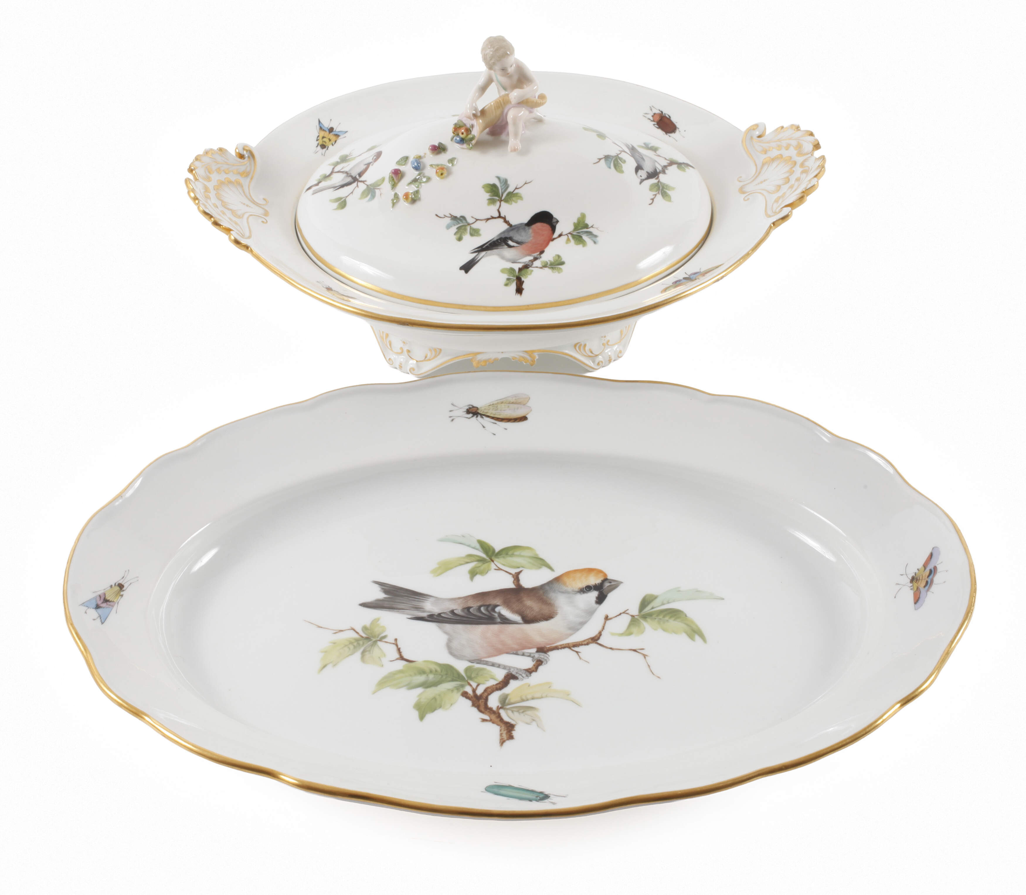 Meissen figürliche Terrine und Platte Vogelmalerei