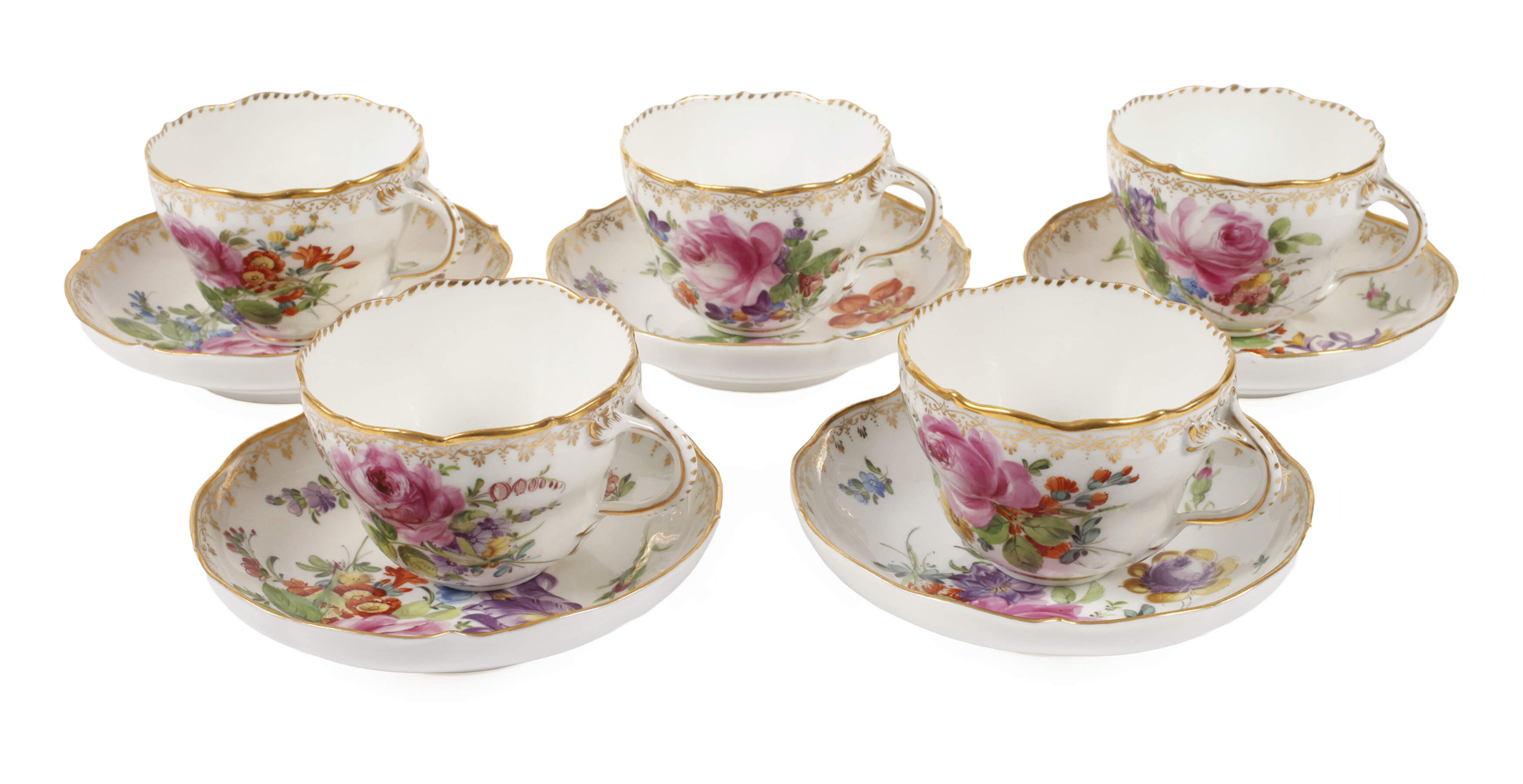 Meissen fünf Tassen "Blumenbukett" mit Goldkante