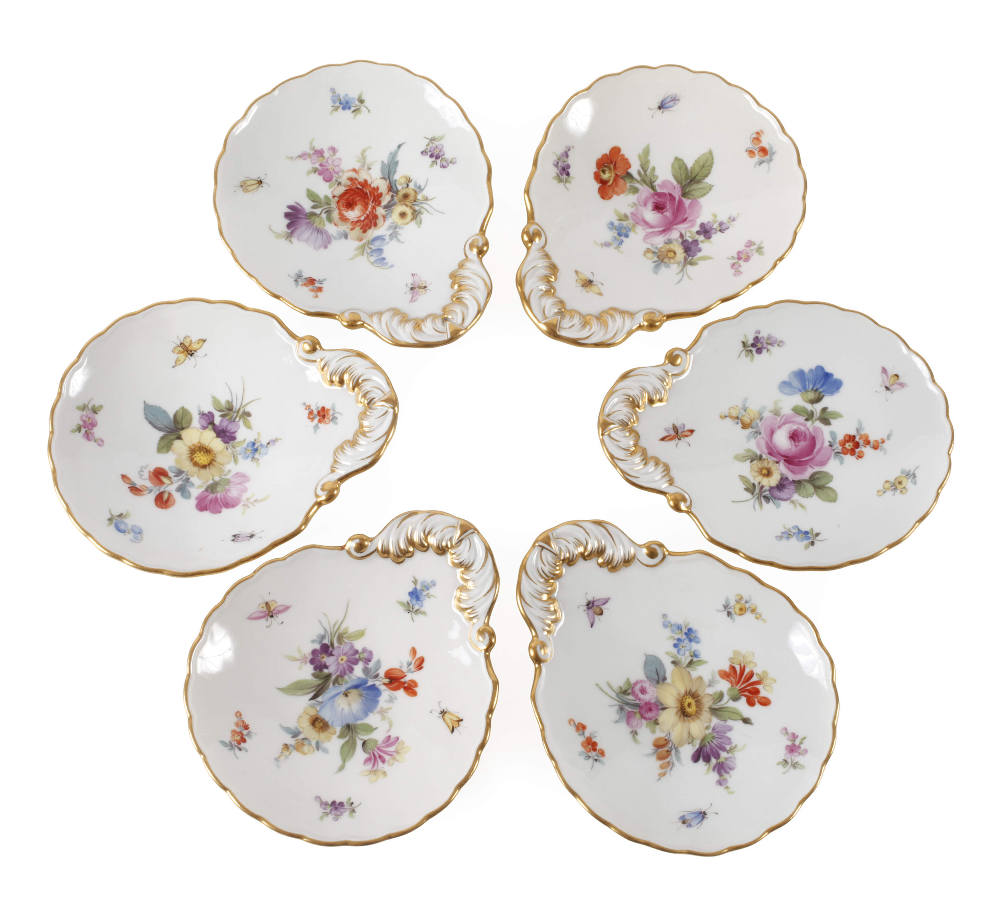 Meissen sechs Muschelschalen "Blumen und Insekten"