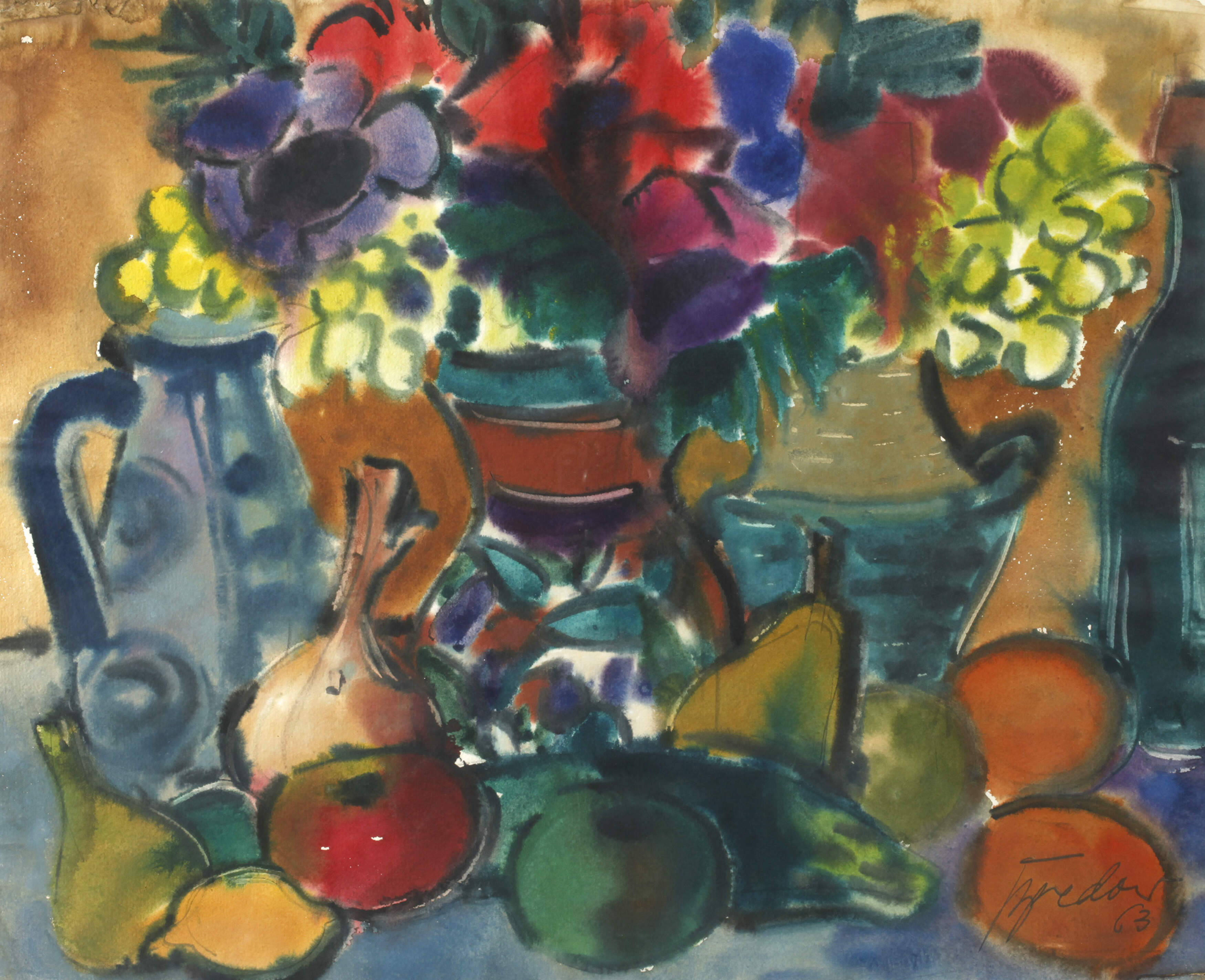 Rudolf Bredow, "Bunte Krüge, Anemonen und Gurke"