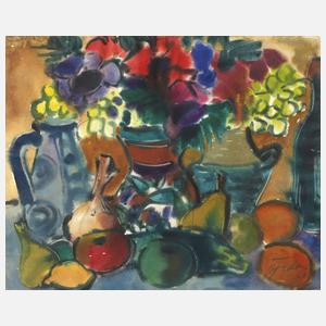 Rudolf Bredow, "Bunte Krüge, Anemonen und Gurke"