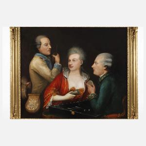 Dame mit zwei Herren beim Tric-Trac-Spiel