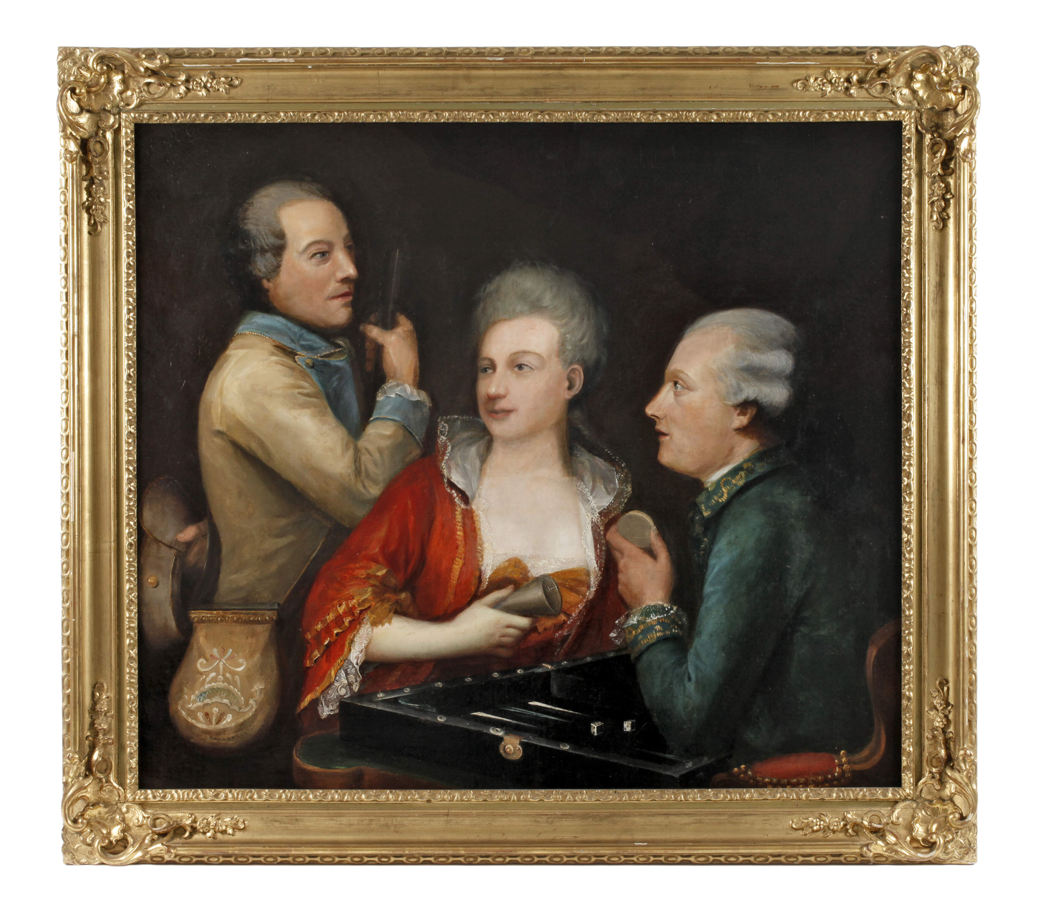 Dame mit zwei Herren beim Tric-Trac-Spiel