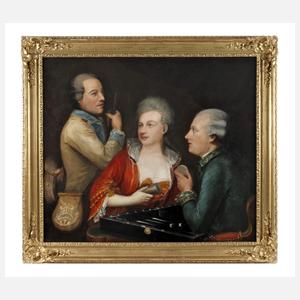 Dame mit zwei Herren beim Tric-Trac-Spiel