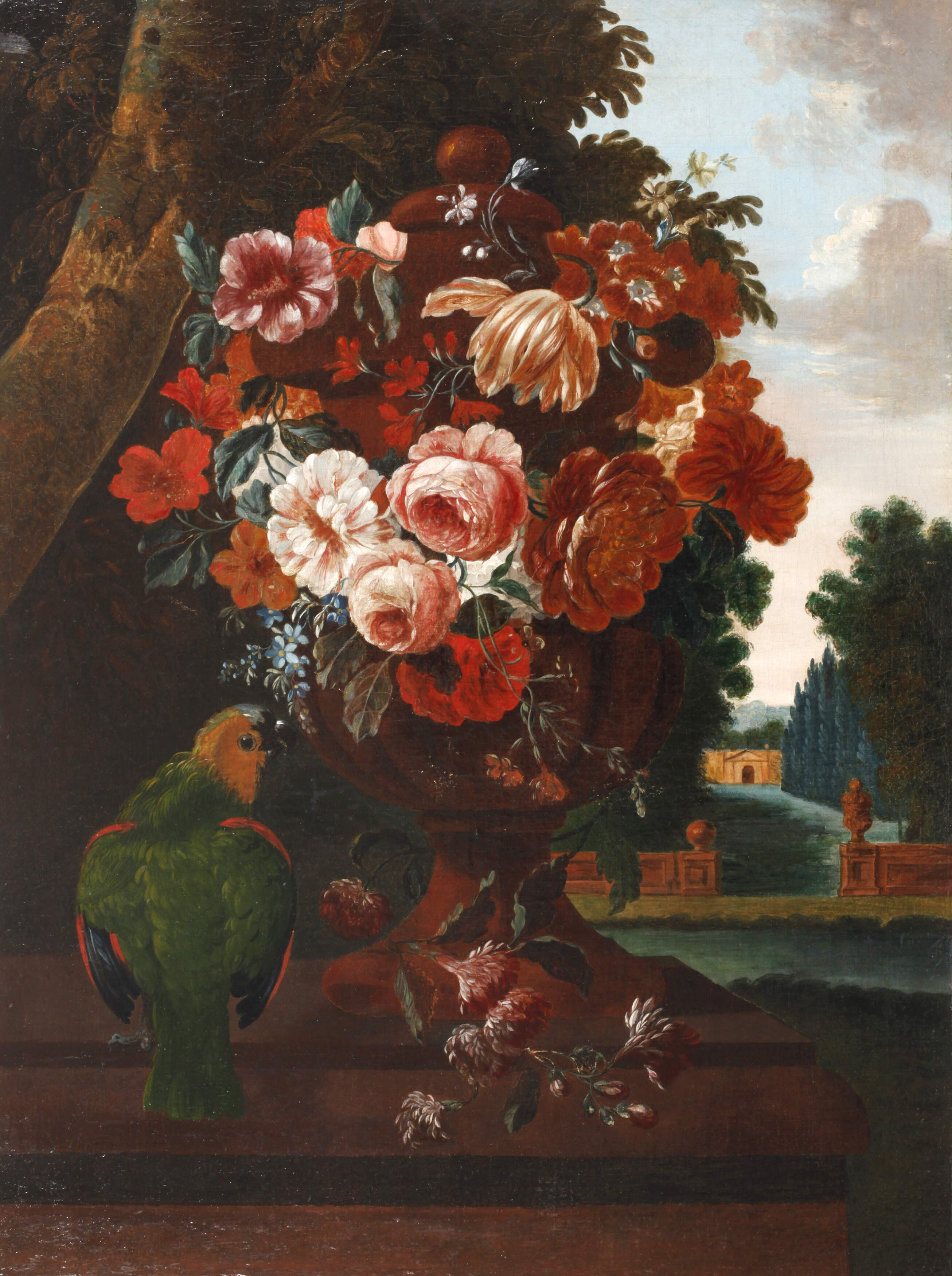 Blumenstillleben mit Papagei