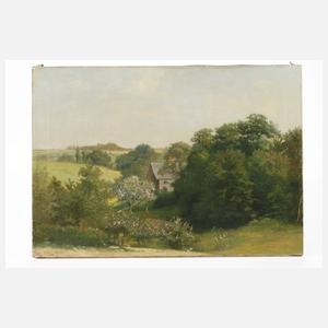 H. Hartung, Haus hinter blühenden Bäumen