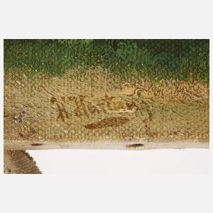 H. Hartung, Haus hinter blühenden Bäumen