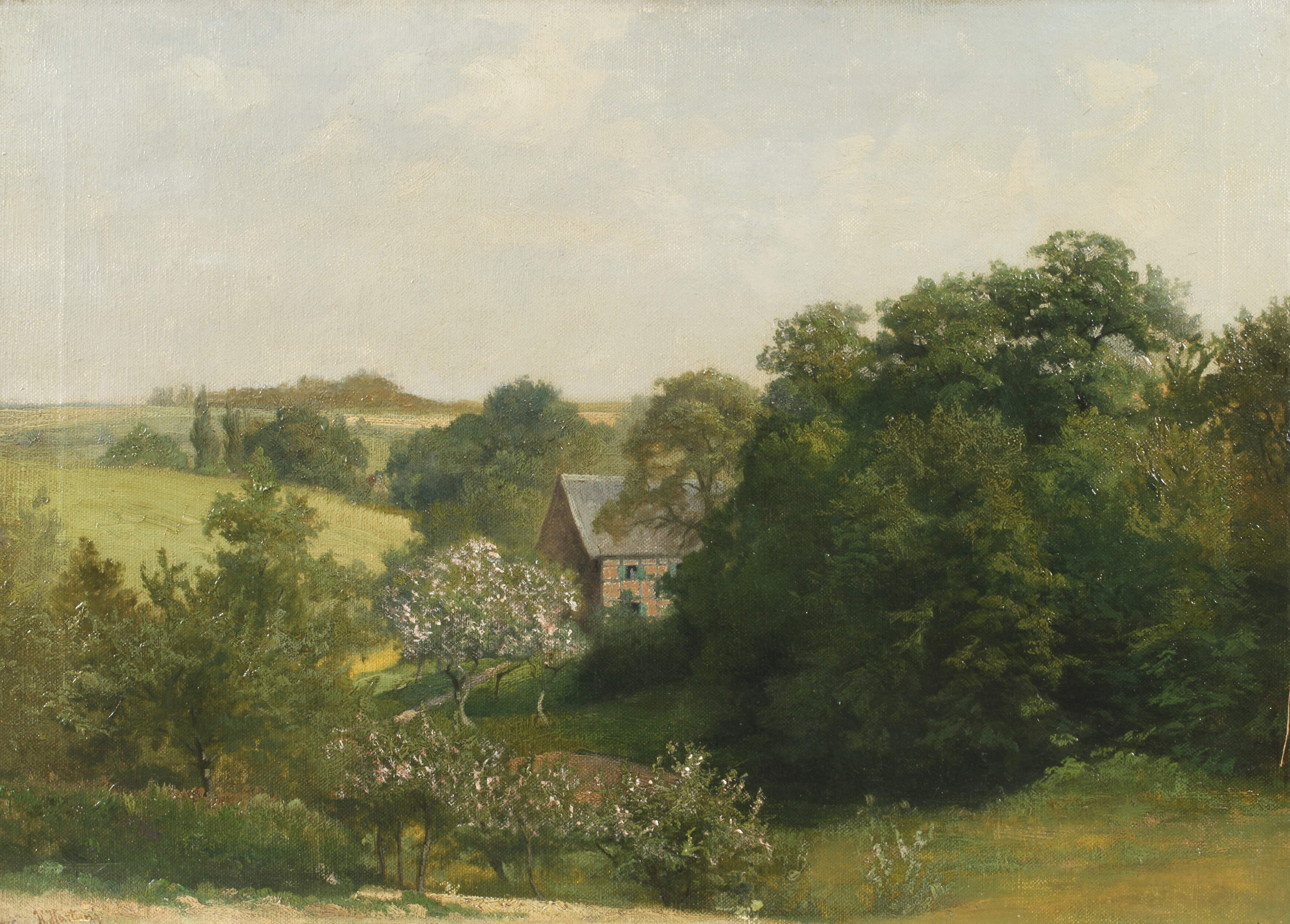 H. Hartung, Haus hinter blühenden Bäumen