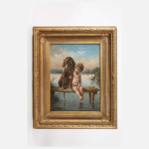 B. Oscar, Kind mit Hund auf einem Bootssteg