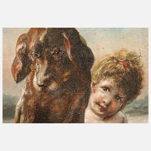 B. Oscar, Kind mit Hund auf einem Bootssteg