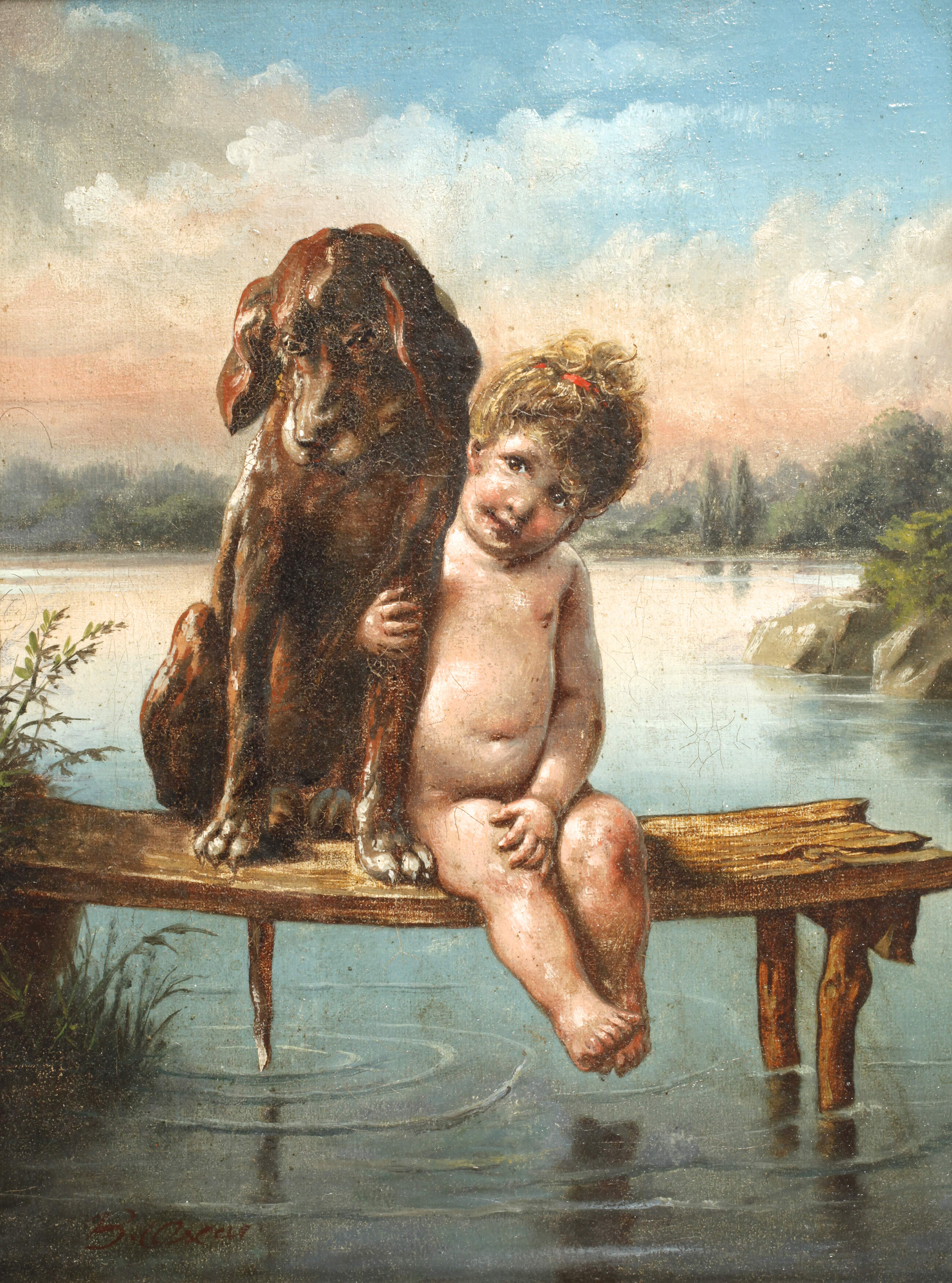 B. Oscar, Kind mit Hund auf einem Bootssteg