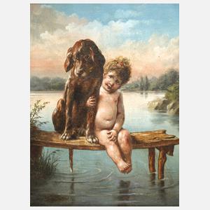 B. Oscar, Kind mit Hund auf einem Bootssteg