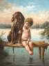 B. Oscar, Kind mit Hund auf einem Bootssteg