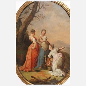 Drei Frauen in abendlicher Landschaft