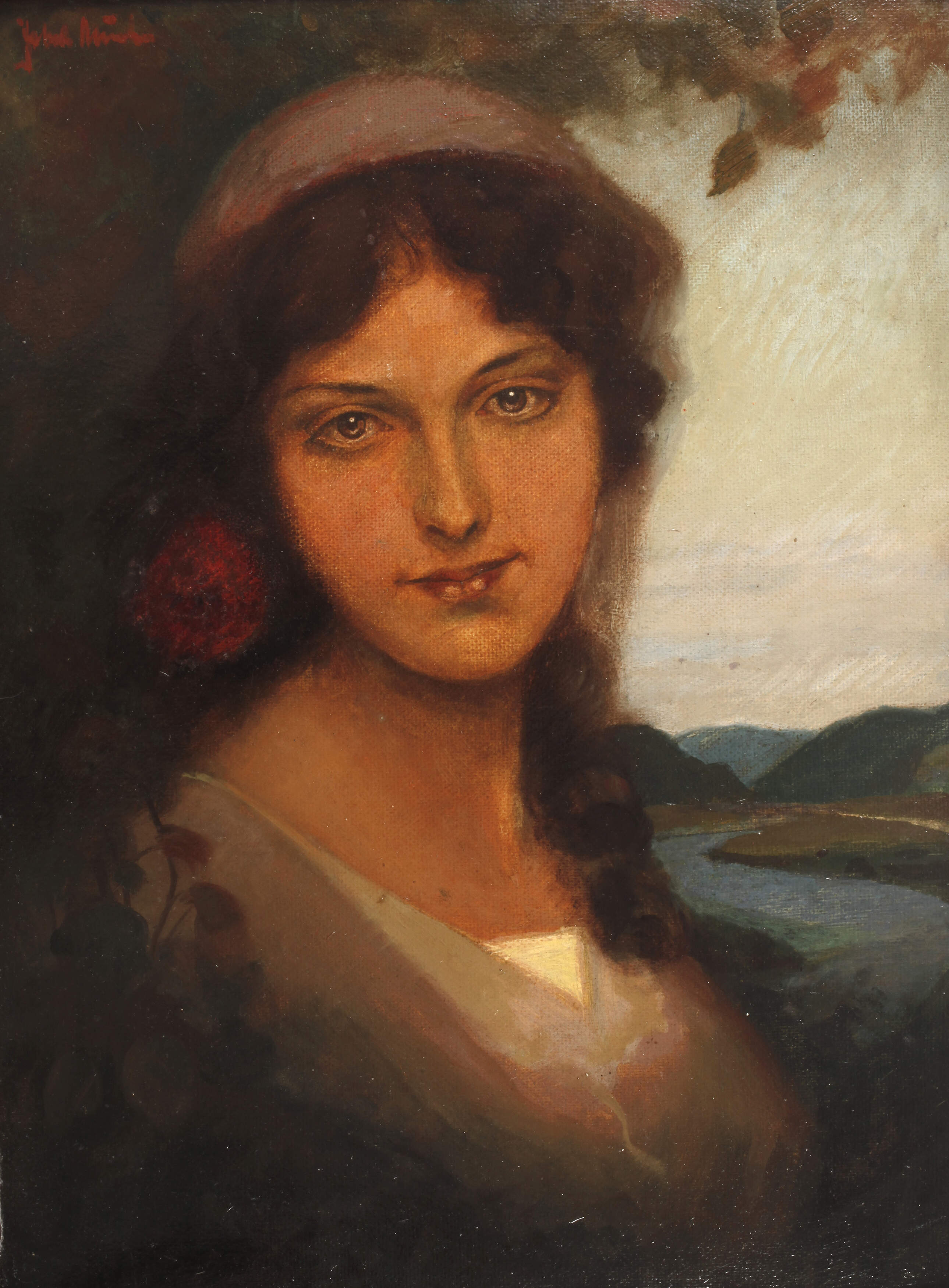 Damenportrait vor Flusslandschaft