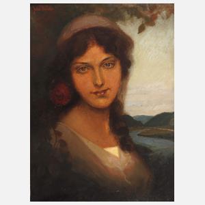 Damenportrait vor Flusslandschaft