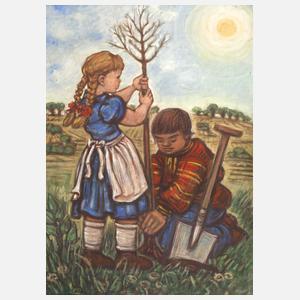Tina Bauer-Pezellen, attr., Baumpflanzende Kinder