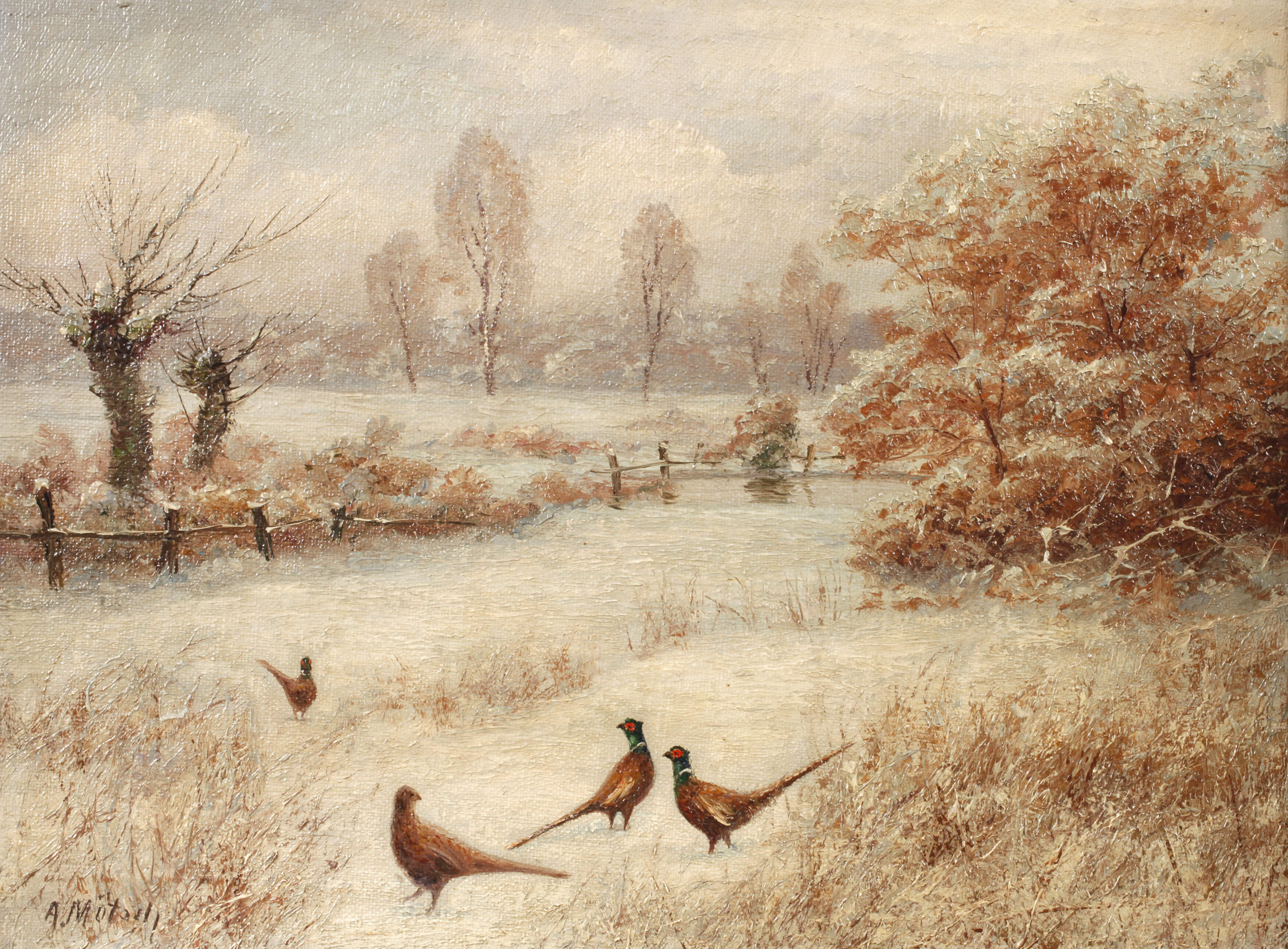 A. Mötsch, Fasane in Winterlandschaft