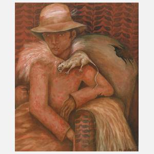 H. Popp, Junge Frau mit Hut und Ratte