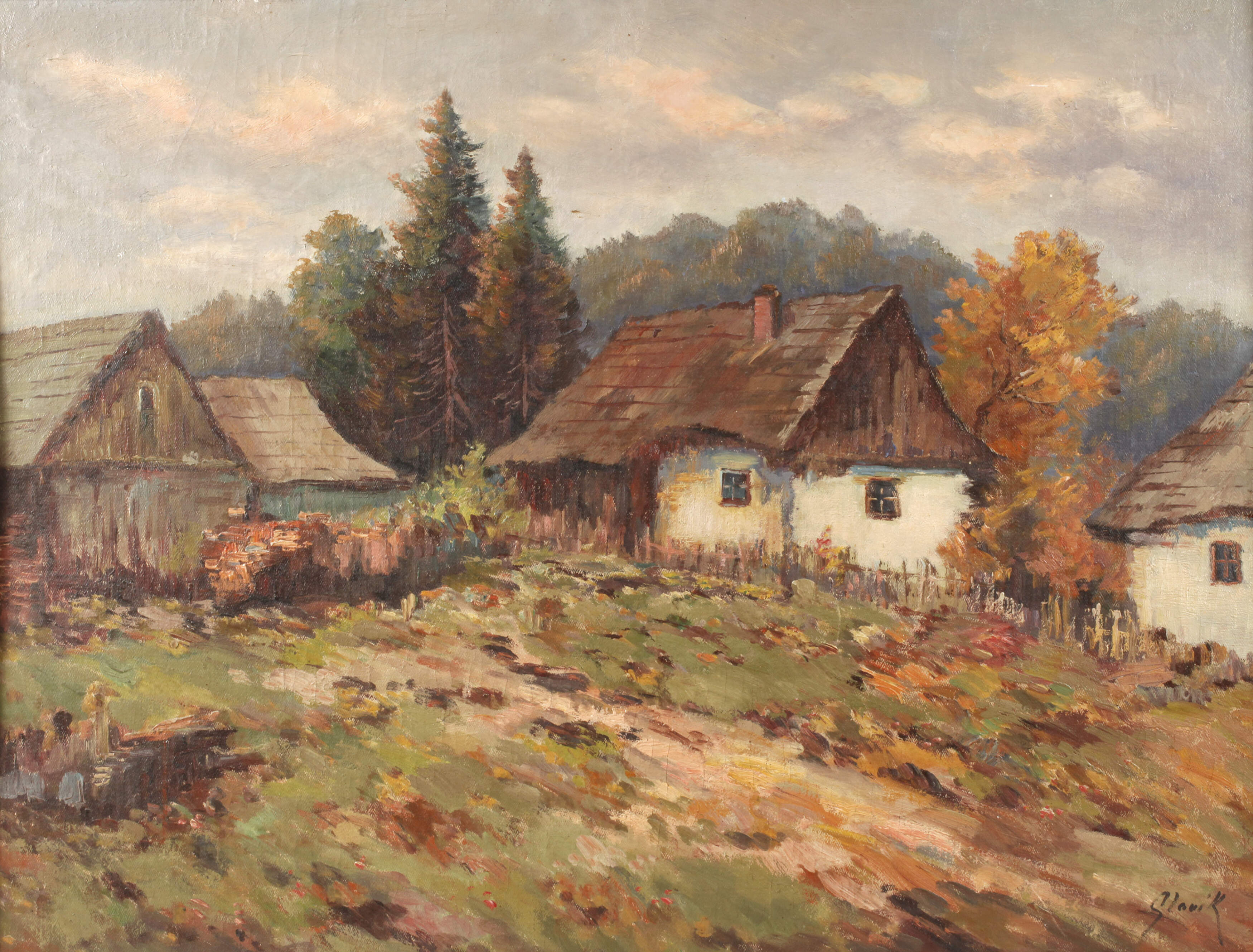 Oldrich Slavik, attr., Herbstlicher Dorfansicht