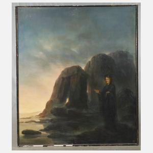 Schwarz gekleidete Frau vor Klippen am Meer