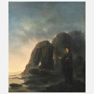 Schwarz gekleidete Frau vor Klippen am Meer