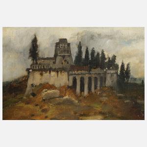 Bergige Landschaft mit Tempelanlage