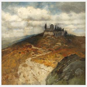 Bergige Landschaft mit Tempelanlage