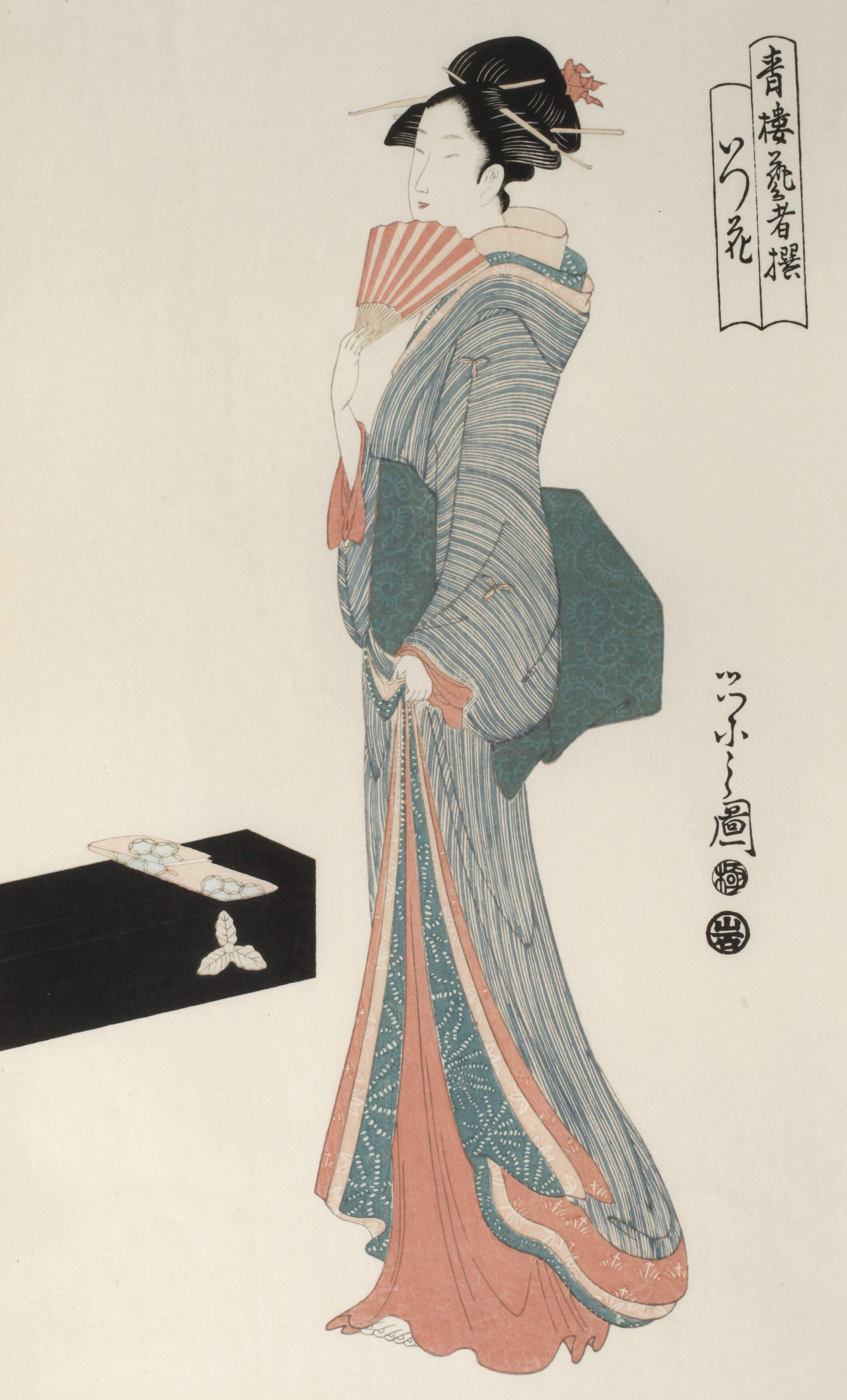 Hosoda Eishi, Kurtisane mit Fächer