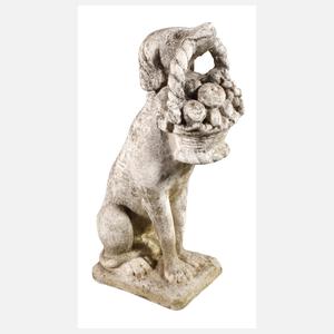 Gartenfigur Hund mit Blumenkorb