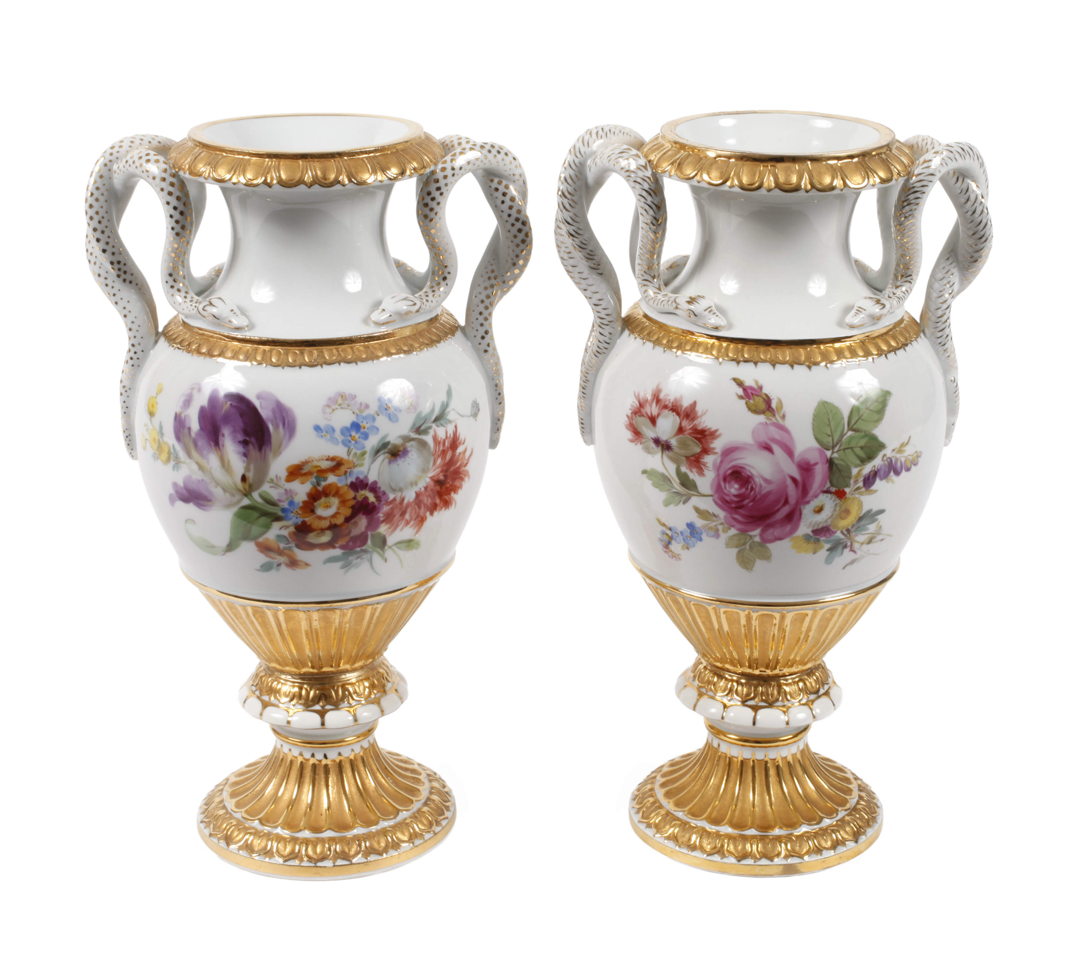 Meissen Paar Schlangenhenkelvasen "Blumenbukett"