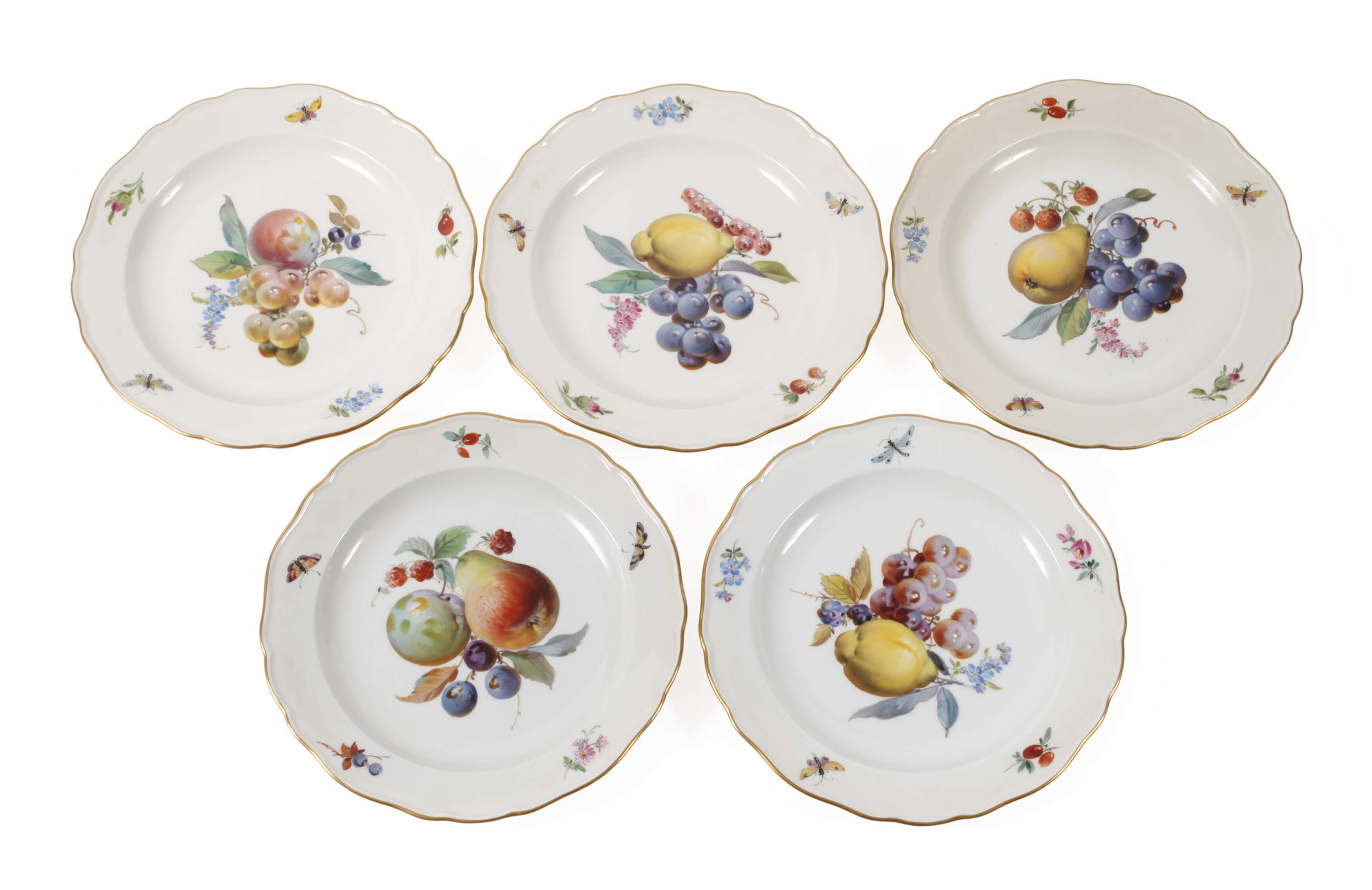 Meissen fünf Obstteller "Fruchtmalerei"