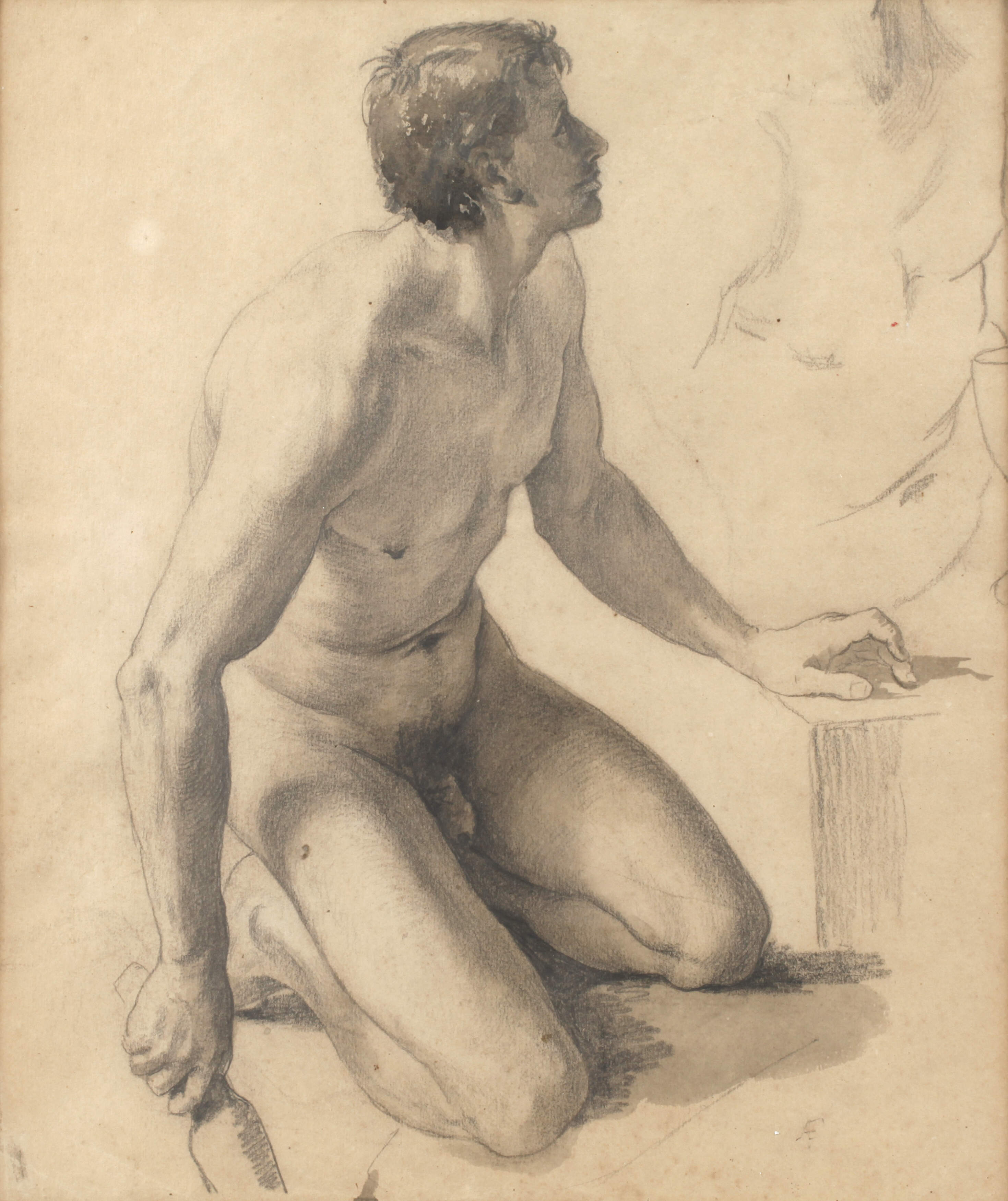 Anselm Feuerbach, attr., Kniender Männerakt