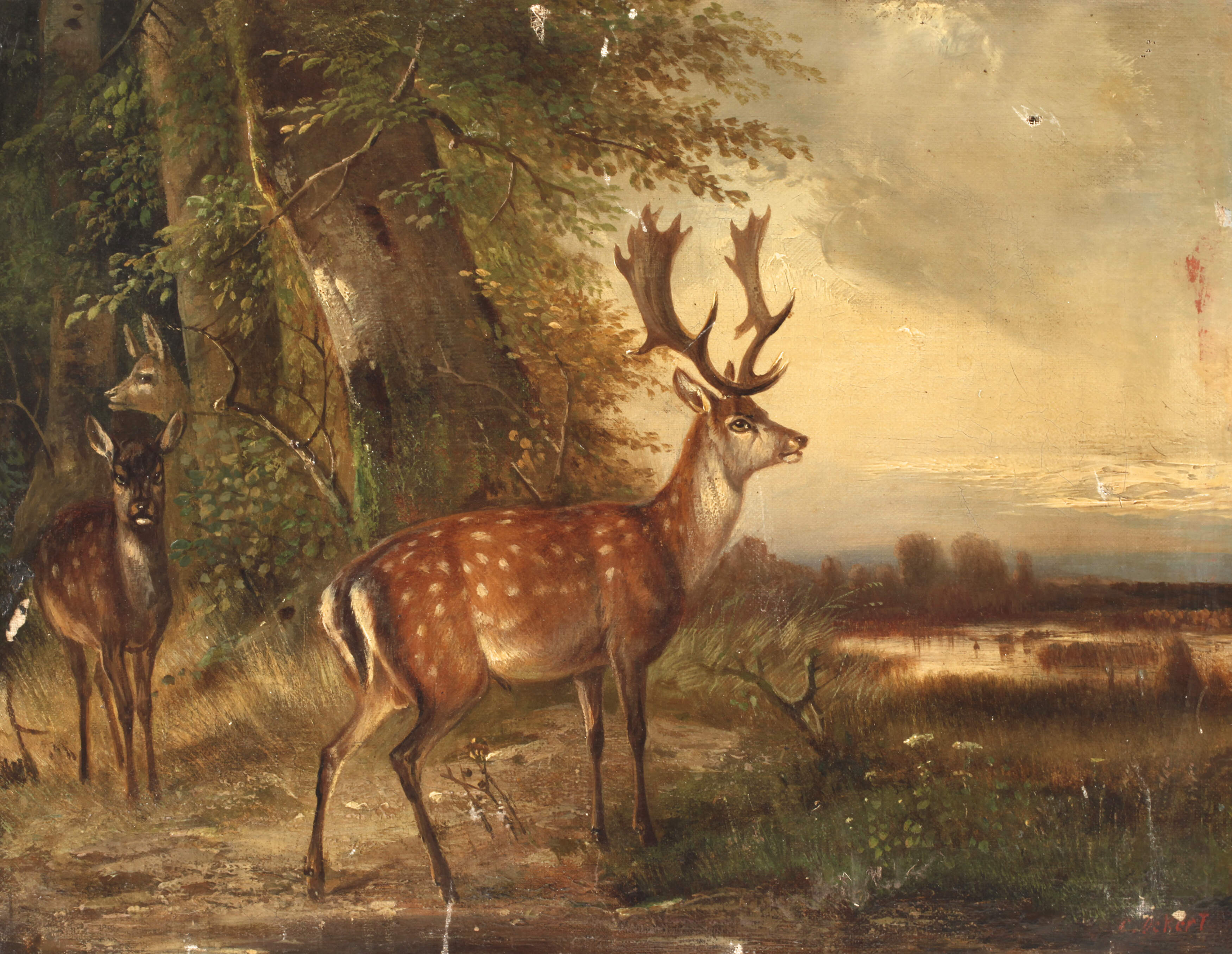 Carl Ockert, Damwild am Waldesrand