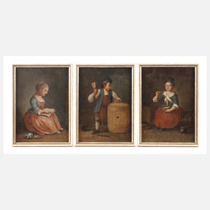 Drei Bilder mit barocken bäuerlichen Genreszenen