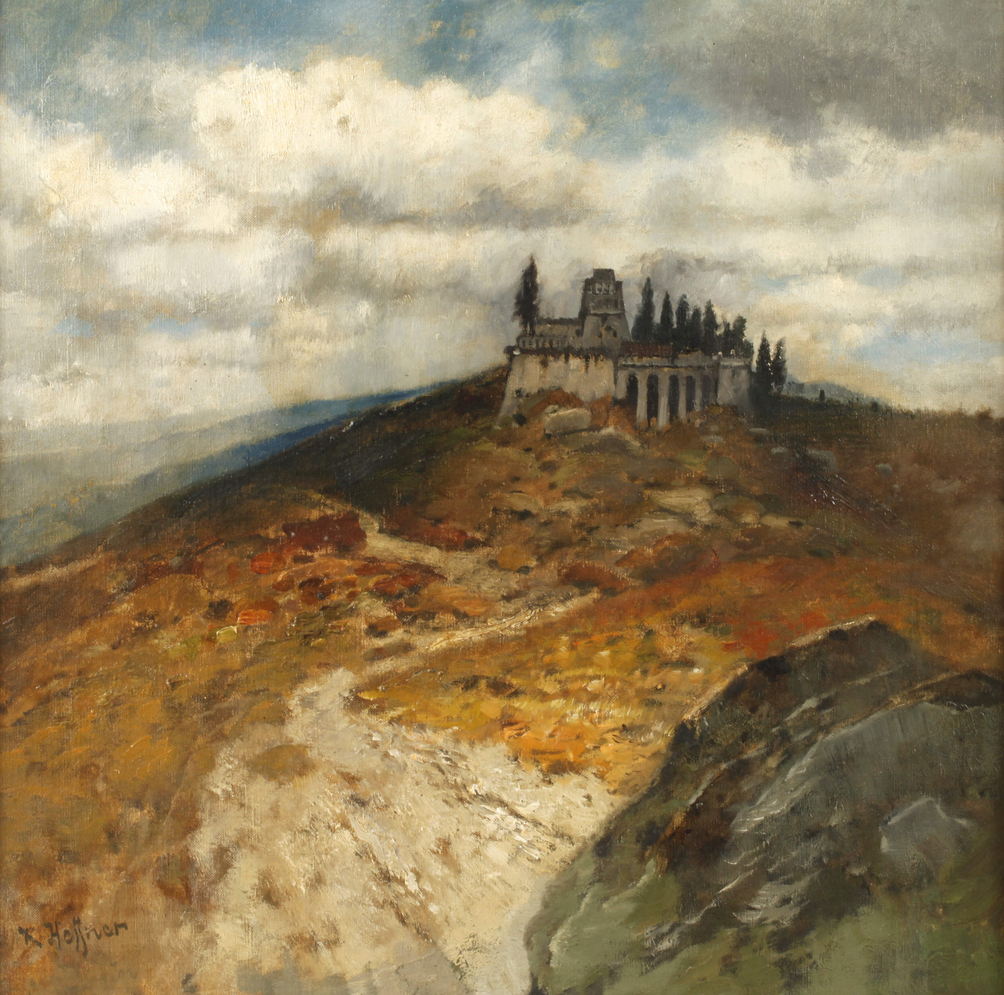 Bergige Landschaft mit Tempelanlage