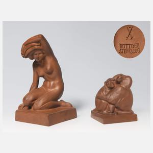 Meissen, 2 Figuren "Mädchenakt", "Paviangruppe"