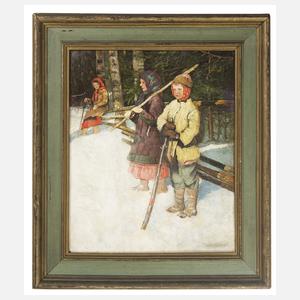 Genremaler 19.-20. Jahrhundert "Russische Kinder im Winterwald"