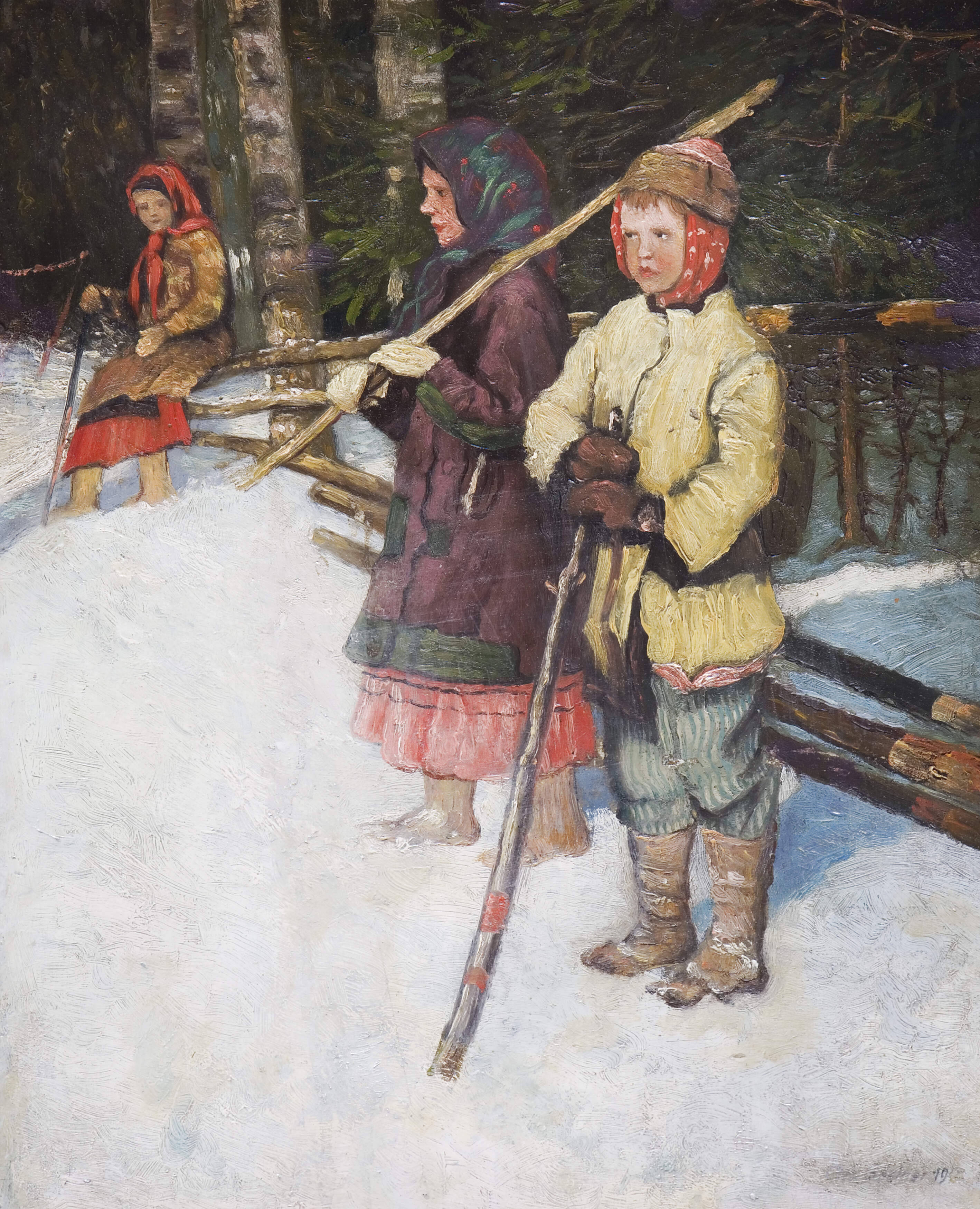 Genremaler 19.-20. Jahrhundert "Russische Kinder im Winterwald"