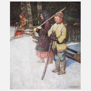 Genremaler 19.-20. Jahrhundert "Russische Kinder im Winterwald"